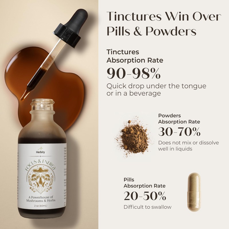 Herbity Focus & Energy Natural Mushroom Tincture - Adaptogenic Mushroom