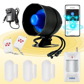 Upgraded WiFi Security Alarm System Kit-Wireless 120db Loud Weatherproof Siren Horn with Remote Control& Door Contact Sensor&Motion Sensor Alarm Home Hotel Garage Shop Burglar Alarm System(Wifi Set D)