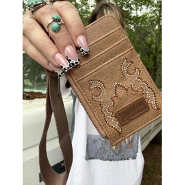 Wrangler KeyChain Wristlet Wallets for Women Western Dual Pouch Wristlet Embroidered Boot Scroll Card Holder Wallet With Zipper