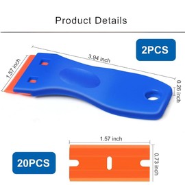 2PCS Plastic Scraper Tool Non-Scratch with 20PCS Blades – Multi-Purpose Glass Scraper for Removing Stickers Labels Decals Caulk Paint Residu