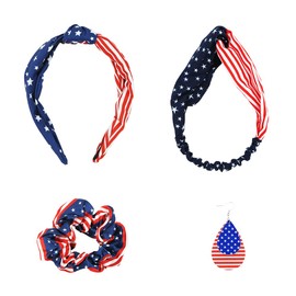 4th of July Accessories Kit, Patriotic American Flag Headband Hair Tie Rope Hair Scrunchie Earrings, Independence Day Gift Set for Women Teen Girls Yoga Running Exercise National Day Decorations