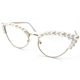 mincl Cat Eye Pearl Blue Light Blocking Glasses for Women Oversize Fashion Diamond bling bling Eyewear (white)