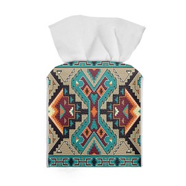 Pzuqiu Ethnic Southwest Indian Navajo Tissue Box Cover Farmhouse Square Tissue Organizer Waterproof PU Leather Tissue Box Holder for Bathroom Living Room Kitchen
