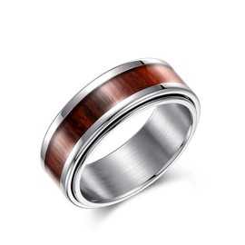Adreamz 8mm Wood Inlay Fidget Spinner Anxiety Rings for Men Women 316L Stainless Steel Engagement Wedding Band for Couple Silver Edge Comfort Fit Size 10