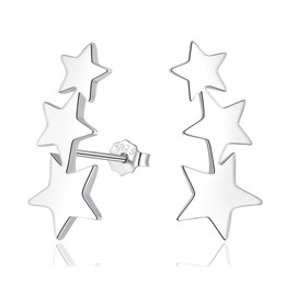 Cangall Silver Star Stud Earrings for Women, 925 Sterling Silver Triple Star Stud Earrings, Small Cartilage Starburst Climbers Earrings Flat Shooting Star Silver Sleeper Earrings for Girls Teen