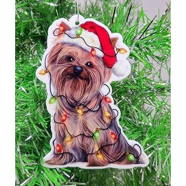 Yorkshire Terrier Dog Ornament with Terrier in Santa Hat and Christmas Lights