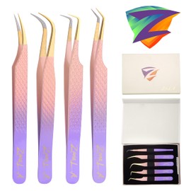 Zane L.A. Nano Fiber Tip Professional Eyelash Extension Tweezers, a pack of 4, Quality tweezers made with Japanese Stainless Steel, FREE Eyelash Separator. (Purple Peach)