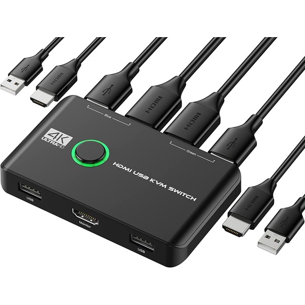 MWIN 4K KVM Switch to HDMI KVM Switch, 2 in 1 Output, USB HDMI Switch for 2 Computers, Share Keyboard Mouse Printer and 1 HD Monitor, Support 4K @ 60Hz, Includes 2 USB Cables and 2 HDMI Cables with