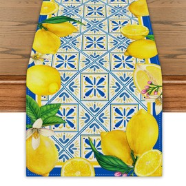 Summer Lemon Table Runner Spring Italian Lemons Table Cover Italy Blue Tiles Lemon Decor Cyan-Blue Tile Burlap Artificial Lemon Fruit Farmhouse Lemon Decorations for Home Party