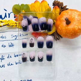 LWTZLW Fall French Tip Press on Nails Short Square Fake Nails Love Full Cover Glue on Nails Purple Black Gradient Design Oval Acrylic False Nail Autumn Glossy Artificial Nail Reusable for Women