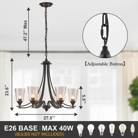 BEIOPBRN 6-Lights Modern Chandeliers Black with Seed Glass Lampshade Dinging Room Light Adjustable Height 47.2 Ceiling Hanging Lights for Kitchen Island Living Room Dinging Table