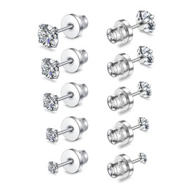 5 Pairs Stud Earrings Set,Hypoallergenic Titanium 316L Stainless Steel 5A Cubic Zirconia Ear Ringing Jewelry for Women Men 2-6mm (Silver 2-6mm)