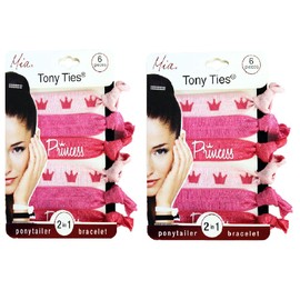 Mia Tony Ties, 2 in 1 Hair Ties, Hair Accessory + Bracelets, Light Pink Crowns, Blush Princess, Hot Pink, for Women, Girls 2pks/12pcs