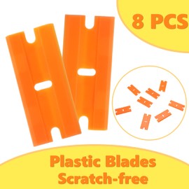 2-Pack Yellow Non-Scratch Plastic Scrapers, 8 Orange Replacement Razor Blades,Adhesive Sticker Decal Remover, House & Car Cleaning Tool for Glass, Cooktop, Oven, Stove, Remove Stain, Dirt, Paint, Glue