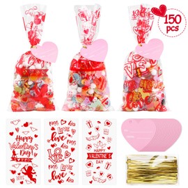 STEFORD STEFORD 150Pcs Valentine Cellophane Bags, Valentine Day Cellophane Treat Bags, Valentine Gift Bags with 50Pcs Heart Tags, 180Pcs Twist Ties