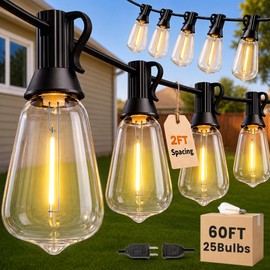 TONGZESS 60FT(50+10) String Lights Outdoor, 2FT Bulb Spacing, Waterproof Shatterproof Warm White ST38 LED Edison Bulbs, Extension Cord, Plug in Connectable Hanging Patio Lights for Outside, Backyard