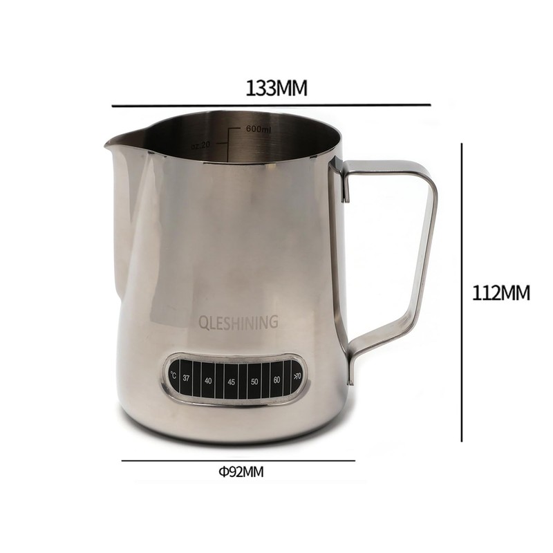 QLESHINING Milk jug Frothing with Thermometer, Stainless Steel Coffee Pitcher