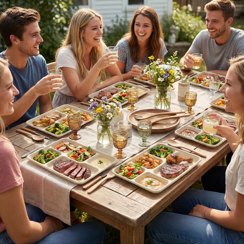 100 Pack Natural Unbleached Compostable 5 Compartment Plates, 12.5 x