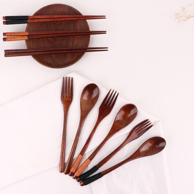 Cutlery 3PCS Fork Chopsticks Spoon Set Portable Tableware Chinese Wooden