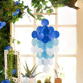 Wind Chimes for Outside, Handcrafted Blue Gradient Capiz Shells Windchime Coastal Style Decor for Indoor/Outdoors, Garden Decors, Great Gift for Women, Beach Hanging Decor, Wind Chimes Lovers
