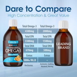 AquaOmega 5x Ultimate Strength High EPA Omega 3 Liquid - Fish Oil Omega 3 w/DHA & Vitamin D, Wild Caught Omega 3 Fish Oil Liquid, 4382mg Fish Oil Liquid Omega 3 Supplements, Fish Oil Supplement, 450ml Orange