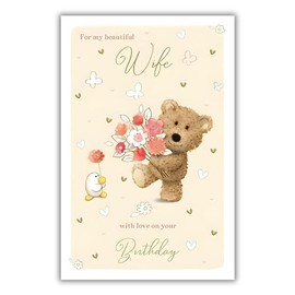 Wife Birthday Card - Beautiful Wife - Barley Bear Teddy Flowers and Love Hearts - Special Finishes and Illustrated Insert Leaf - Made in the UK - Eco-Friendly