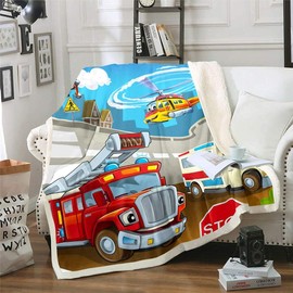 Loussiesd Fire Engine Sherpa Blanket Boys Soft Fluffy Fleece Blanket Children Toddler Car Fleece Blankets 130 x 150 cm Ambulance Helicopter Cuddly Blanket Super Soft Blanket Cartoon Pattern