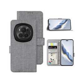 Foluu Wallet Case for Honor Magic6 Pro, Cover Case Card Holster Canvas Flip/Folio Soft TPU Bumper with Kickstand Ultra Slim Strong Magnetic Closure for Honor Magic 6 Pro 5G 2024 (Gray)