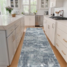 Dotiiorug Modern Abstract Washable Runner Hallway Rug,Low Pile 2x10 Non Slip Carpet Non-Shedding Runner Kitchen Soft Indoor Stain Resistant Rug for Bedroom Laundry Room Blue/Grey