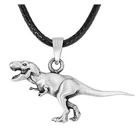 LLYANZ Antique Silver Plated Tyrannosaurus Dinosaur Pendant Necklace with Black Leather Chain Necklace