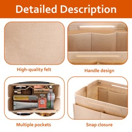 Mexgcom Handbag Organiser, 24 x 15 x 8 cm Pocket Organiser for Women, Beige Felt Bag Organiser, Bag Organiser with Inner Pockets for Handbags (24 x 15 x 8)