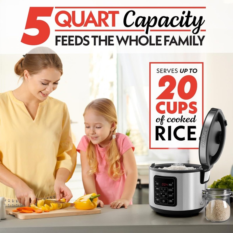 Gourmia Rice Cooker – 5 Qt Capacity, 20 Cup Cooked,