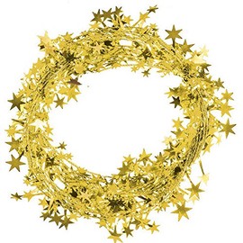 FixFind - Gold with Stars Tinsel Garland Wreath (25ft Long) - Elegant Hanging Metallic Holiday Tinsel Garland for Holiday & Party Decorating