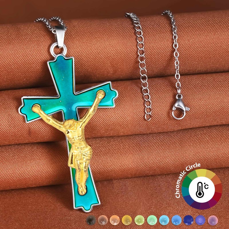 MicVivien Stainless Steel Cross Jesus Pendant Colour Changing Necklace Mood