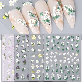 4 Sheets Nail Stickers 5D Embossed Spring Daisy Floral Nail Stickers for Nail Art Self Adhesive UV Gel Nail Stickers for Girl Woman