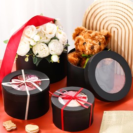 Weekgrat Set of 4 Round Flower Boxes with Clear Lids 4 Assorted Sizes Gift Boxes for Flower Arrangements Nesting Round Gift Box for Valentine‘s Day Mother's Day Graduation Wedding Birthday(Black)