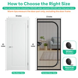 Upgraded Reinforced Cat Screen Door Fits Door Size 30''x 80'', Heavy Duty Pets Proof Screen Door with Two Way Zipper, Prevent Dogs Cats Running Out from Home, Bedroom, Living Room, Kitchen Patio Door