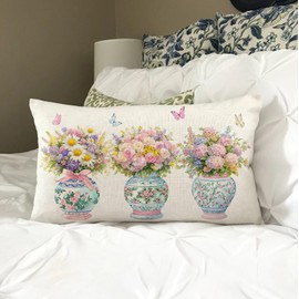 NUTEEN Spring Pillow Covers 12x20 Inch Sage Green Wild Floral Plant Throw Pillows Case Chinoiserie Pink Floral Outdoor Decorative Farmhouse Decor Cushion Covers for Home Sofa Bed Couch