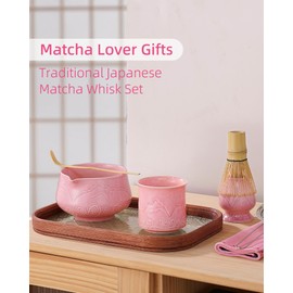 ZENS Pink Matcha Set, Matcha Whisk Set Includes 15oz Ceramic Bowl and Matcha Cup for Bamboo Whisk, (Chasen Holder), Scoop, Sifter and Tea Towel, 7pcs Matcha Kit for Matcha Lovers