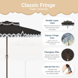 Patiokingdom 9FT Patio Umbrella with Fringe,Tassel Outdoor Market Umbrella UPF 50+ & Push-Button Tilt,Rust-Resistant Fiberglass Frame for Pool,Garden,Backyard,Yard(Black)