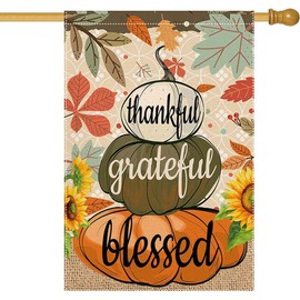 LHSION Welcome Fall House Flag 28 x 40 Inch Thankful Grateful Blessed Pumpkin Decorative House Yard Double Sided Flag for Autumn Thanksgiving Day Decoration