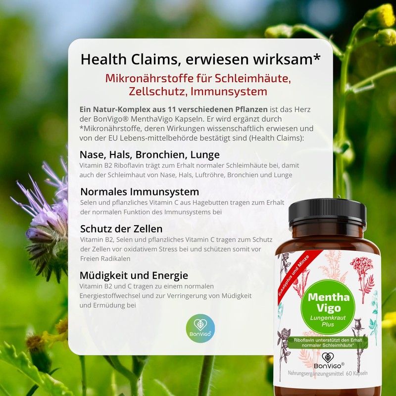 BonVigo® MenthaVigo Lungwort & Eucalyptus, 300 Capsules, 11 Plant Extracts,