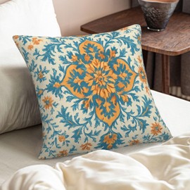 Blue Orange Boho Pillow Covers 20x20 Inch Set of 2 Ethnic Carpet Pattern Floral Outdoor Decorative Throw Pillows Fall Vintage Cushion Covers for Sofa Bed Couch Living Room Decor