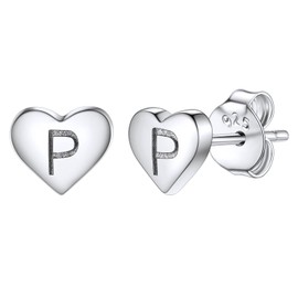 Silvora Silver Stud Earring with Initials P, Letter Aphablet Ear Stud Tiny Small Heart Earrings S925 Sterling Silver