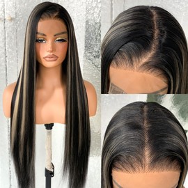 13x6 1B/27 Highlight Lace Frontal Wigs, HD Glueless Synthetic Straight Lace Front Wig Pre-Plucked, Balayage Ombre Synthetic Lace Front Wig 200 Density, 1B/27 Colored For Black Women