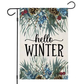 EKOREST Hello Winter Garden Flags 12x18 Inch Vertical Double Sided, Pine Twigs Small Yard Outside Decorations, Christmas Xmas Seasonal Farmhouse Holiday Outdoor Décor