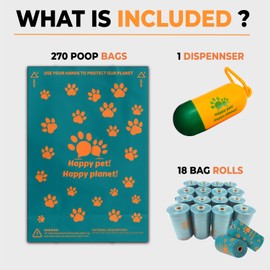 Dog Poop Bags Rolls with Dispenser, Pet waste bags for Dog & Cat, Unscented doggie bags, Bulk dog poop bags Thick and Leakproof, Dog waste bags 270 Pieces 9 * 13 inches Happy Pet! Happy Planet!