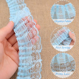 Blue Lace Ruffle Trim for Crafts 1-5/8"x5yd 2-Layer Pleated Edge Lace Ribbon
