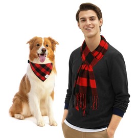 E-Clover Matching Dog and Owner Set-Dog Bandana Collar & Matching Scarf Girl Boy Adjustable Dog Collars for Small Medium Dogs Owner Dad Gift Red Black Buffalo Plaid