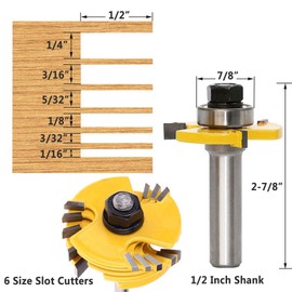 Yakamoz 1/2 Inch Shank Adjustable 3 Wing Slot Cutter Router Bit Set with 6-Picecs Slotting Cutters | 1/2 Inch Cutting Depth & 6 Different Cutting Widths